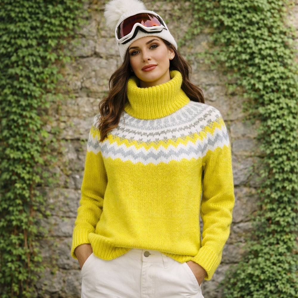 LOFT Cozy Cabincore Yellow Fair Isle Turtleneck Sweater, XS